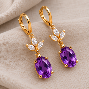 Boucles d'oreilles pendantes en laiton plaqué or, forme goutte d'eau, avec zircon violet en forme de poire, pour mariage, fête ou cadeau - Product Image 5