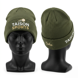 Bonnet de volley-ball en acrylique tricoté de qualité supérieure, 280 GSM, doux et chaud, vert olive, revers plié, multi-panneaux, logo brodé personnalisé, bonnet d'hiver - Product Image 1