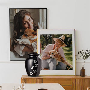 Modern Ceramic Pet Urn Teardrop Shape Airtight Black with Paw Print Design for <b>Dogs</b> - Product Image 1