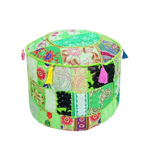 Indian Handmade Patchwork Cotton Pouf <b>Round</b> Floor <b>Cushion</b> Embroidered Bohemian Decorative Throw Pillow with Zipper Closure - Product Image 3