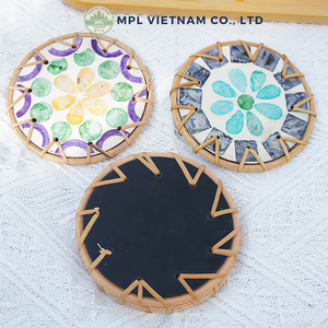Handcrafted Eco-Friendly Vintage Design Rattan Coaster Set Mother Pearl Inlaid 100mm Diameter 10mm Thickness Natural - Product Image 3