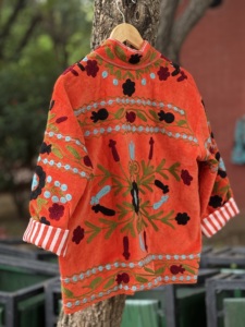 Orange Floral Sujani Woven <b>Velvet</b> Cotton <b>Jacket</b> <b>Women</b> Handmade Embroidery Heart Print Traditional Indian Autumn Winter 160g B2B - Product Image 5