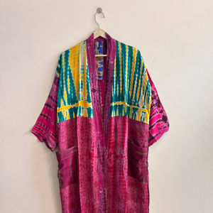 Kimono de Seda Crepé Reciclada para Mujer, Estilo Vintage, Kimono Largo de Seda Saree - Product Image 1