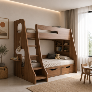 Modern <b>Solid</b> Teak <b>Wood</b> Loft <b>Bed</b> with Storage Staircase Twin Over Full <b>Bunk</b> <b>Bed</b> Space Saving Bedroom Furniture Custom Made - Product Image 1