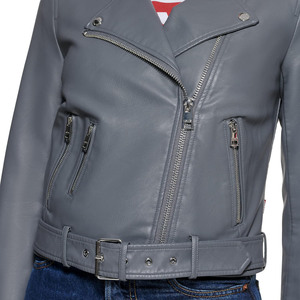Blouson moto en cuir PU pour femme, manches longues, fermeture éclair, col rabattu, coupe courte, couleur unie, style motard, pour l'automne - Product Image 4