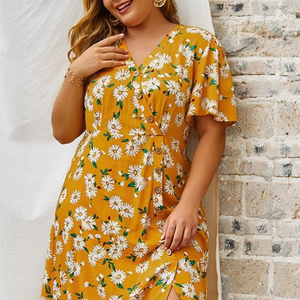 Vestido Casual de Verano Bohemio para Mujer Talla Grande, con Estampado Floral, Cuello en V, Manga Abullonada, Cintura Imperio, Línea A, Largo hasta la Rodilla - Product Image 6