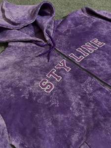 Sweat à capuche zippé personnalisé, épais, délavé à l'acide, avec broderie appliquée, pour homme, violet, style streetwear - Product Image 2