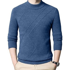 Pull en laine/acrylique bleu pour homme, tricoté, à motif uni, manches longues, respirant, pour l'hiver - Product Image 1