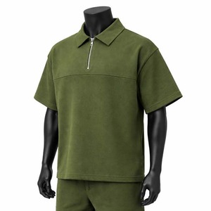 Men's Plus Size Olive Green Fleece Polo <b>Shirt</b> Short Sleeve Zipper <b>Collar</b> Casual Knitted Solid Color - Product Image 3