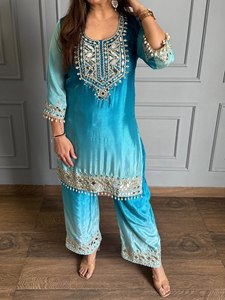 Ensemble Kurta Palazzo pakistanais brodé bleu pour femme, tenue ethnique avec dupatta, séchage rapide, idéal pour mariage et fêtes - Product Image 1