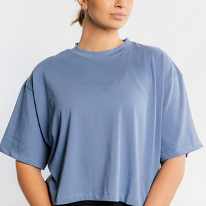 Top Corto de Alta Calidad, 210 g/m², 100% Algodón, Corte Holgado, Color Sólido, Manga Corta, Cuello Redondo, para Mujer - Product Image 3