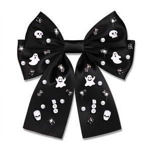 Pince à cheveux en tissu orange Halloween avec broderie fantôme, accessoire de fête mignon et effrayant pour filles et femmes, fait main, en carton - Product Image 1