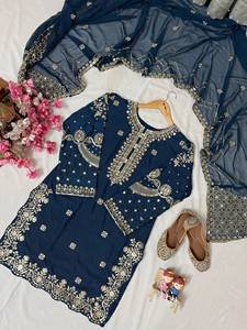 Traje Anarkali de crepé azul marino con bordado dorado para mujer, con dupatta y pantalón, de secado rápido, estilo étnico indio-pakistaní para fiestas. - Product Image 4