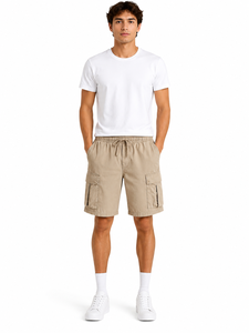 Pantalones cortos cargo beige para hombre, corte relajado, estilo utilitario, informales, de verano, con múltiples bolsillos, para actividades al aire libre, con cordón en la cintura - Product Image 3