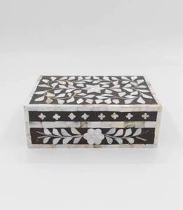 Wooden Jewelry Storage <b>Box</b> Rectangular Black with White <b>Floral</b> Inlay Pattern for Christmas Necklace & Ring Organizers - Product Image 1
