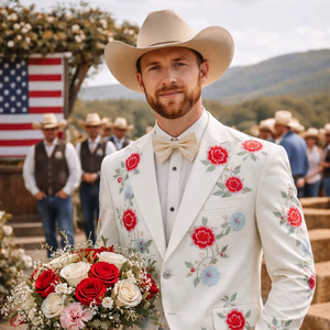 ชุดสูทแต่งงานปักลายดอกไม้สีงาช้างสำหรับผู้ชาย – ชุดเบลเซอร์คาวบอยตะวันตกสำหรับเจ้าบ่าวพร้อมลายปักดอกกุหลาบสำหรับงานปาร์ตี้และงานพิธีการ - Product Image 1