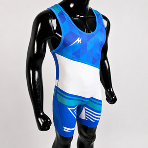 Men Blue White <b>Wrestling</b> Singlet Heat-Transfer Printed Spandex Polyester Lightweight 120g Quick Dry Adult - Product Image 3