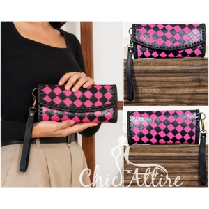 New RTS Tooled Cowhide Leather Fashion Wallet With Hand <b>Wristlet</b> Trendy Diamond Checkered Spacious Capacity Clutch for Women's - Product Image 1
