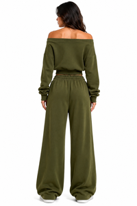 Conjunto de Sudadera Corta con Hombros Descubiertos y Pantalones Anchos de Felpa de Algodón Grueso para Mujer, Estilo Otoñal, OEM - Product Image 2