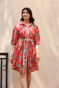 Designer Women's Vintage Floral Printed Dress with Ruffle Sleeves and lace designer Spring Runway Inspired Natural Waistline - Product Image 2