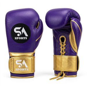 Gants de boxe de compétition professionnels en cuir de qualité supérieure, finition métallique imperméable, violet et or, à lacets, SA Sports. - Product Image 1