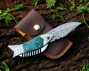 Damascus Steel Folding Pocket <b>Knife</b> <b>Fish</b> Shape Handle Handmade EDC Camping Hunting Utility Blade - Product Image 6