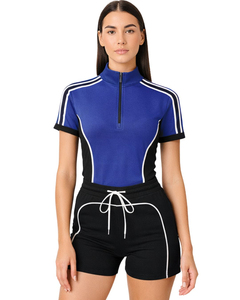 Ensemble de survêtement deux pièces pour femme : polo à quart de zip bleu roi et noir et short à cordon de serrage – Tenue de sport athlétique pour la gym - Product Image 1