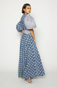 Vestido largo bohemio de verano para mujer, azul, estampado, con patchwork, corte recortado y mangas abullonadas - Product Image 2