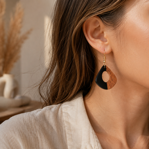 Pendientes de Lágrima de Resina y Madera Hechos a Mano, Diseño de Hoja Dorada, Acero Inoxidable Hipoalergénico, Ganchos de 18mm, para Fiestas Cristianas - Product Image 2