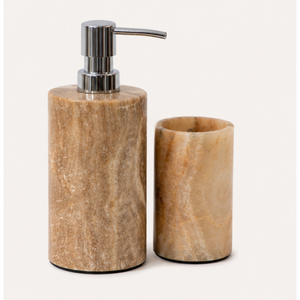 Exclusive Natural Stone <b>Bathroom</b> <b>Accessory</b> <b>Set</b> Handmade Beige Marble Liquid Soap Dispenser and Toothbrush Holder Tumbler - Product Image 5