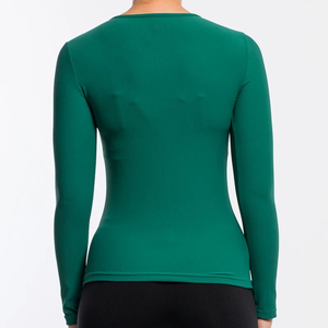 Camiseta Casual de Manga Larga para Mujer, Color Verde Sólido, Cuello Redondo, Tejido de Punto, Ajuste Delgado, Secado Rápido, Venta al por Mayor, Camisetas de Manga Larga en Tendencia, ODM - Product Image 2