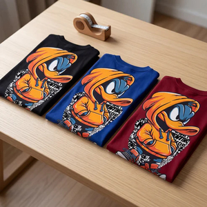 Men's Black Short Sleeve T-Shirt With Duck Character Print Street Style Hoodie Design <b>Back</b> Logo Regular Fit Cotton Jersey - Product Image 4
