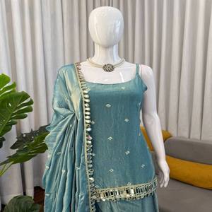 Ensemble haut en soie, pantalon palazzo et dupatta VASTRA COTTAGE, orné de fils, de paillettes et de miroirs, doublure en coton doux, idéal pour les fêtes - Product Image 5