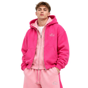 <b>Pink</b> Color block Double Zip <b>Hoodies</b> Set Contrast Panels Heavyweight Fleece Wide Leg Sweatpants Men Custom Embroidered Streetwear - Product Image 2