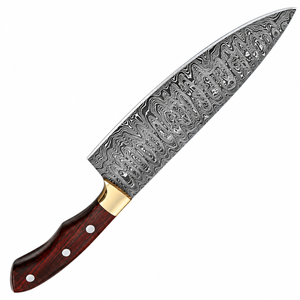 Cuchillo de chef con patrón damasco gris plateado, mango de madera marrón rojizo oscuro, bolster dorado y hoja ancha para cortar en la cocina - Product Image 4