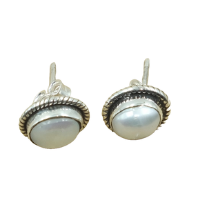 Natural Mother of Pearl Stud Earrings 925 Sterling Silver Handmade Oval Cabochon Vintage Statement Jewelry Gift for Women <b>Wife</b> - Product Image 1