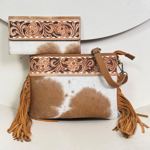 2025 Luxury Designer Ladies Hand Tooled Leather Fringe Crossbody Bag with Hand Tooled Cowhide Leather Trifold Wallet 2-Piece Set - Product Image 5