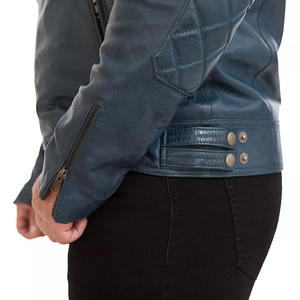Veste de moto décontractée en cuir d'agneau bleu pour homme, col montant, fermeture éclair, grande taille, coupe classique, imperméable, pour l'hiver - Product Image 6