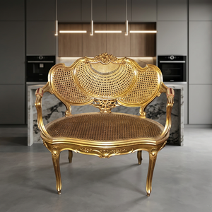 Sillón de Ratán Curvo Vintage con Diseño de Mimbre en Tono Dorado, Forro de Algodón, Respaldo Acolchado con Espuma, Patas de Madera, Estilo Queen Anne, para Sala de Estar - Product Image 1