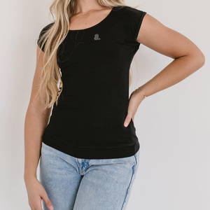 T-shirt à manches courtes col rond noir pour femme, couleur unie, 100% coton biologique, coupe ajustée, décontracté, respirant, écologique, été - Product Image 5