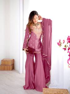 Conjunto de traje Sharara de seda Simar bordado para mujer con dupatta, ropa tradicional india y pakistaní para fiestas y bodas - Product Image 2