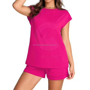 Ensemble de shorts de sport en denim de coton imprimé personnalisé rose pour femmes, 2 pièces, col rond, manches courtes, tricoté, décontracté, printemps-été, respirant - Product Image 5