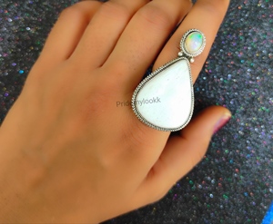 Water Drop 925 Sterling Silver <b>Ring</b> With Original Scolecite Ethiopian <b>Opal</b> Gemstone Bezel Setting Bohemia Style Unisex Jewelry - Product Image 3