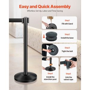 4 Pezzi Pali Divisori con Cinture Retrattili in Acciaio al Carbonio Nero, Base Cava con Iniezione di Sabbia, Prodotti per il Controllo Accessi - Product Image 4