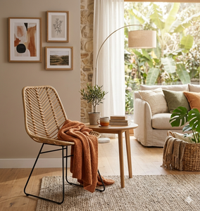 Chaise de salle à manger moderne en rotin naturel pour extérieur, fauteuil de jardin bohème en osier, mobilier minimaliste pour patio, balcon, bistrot avec structure métallique - Product Image 5