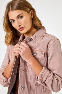 Veste en jean délavé rose pour femme, boutonnée, manches longues, décontractée, couleur unie, en coton, style printemps - Product Image 4