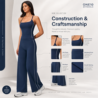 Ensemble de sport deux pièces premium pour femme, col carré, dos nageur, pantalon large, bleu marine uni, coupe courte et ample, séchage rapide