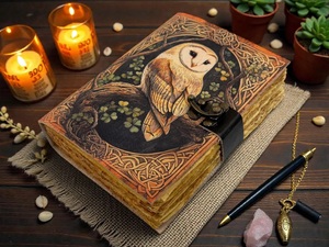 Herb Heritage Owl Leather Water Color <b>Journal</b> Grimoire Notebook Handmade Vintage <b>Diary</b> Sewing Bound 200 Sheets Embossed Logo - Product Image 4