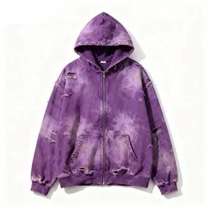 Sweat à capuche personnalisé en French Terry épais, délavé à l'acide, effet usé et décoloré par le soleil, avec double fermeture éclair - Product Image 2