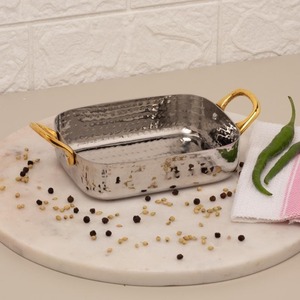 Bandeja Rectangular Premium de Acero Inoxidable Martillado con Asas de Latón, Moderna y Lujosa, Resistente al Calor, para Fiestas, Pequeña, Metálica, para Curry - Product Image 1